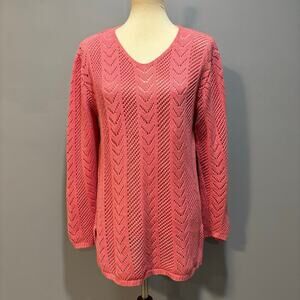 VTG 90s Pink Open-Knit V-Neck Chevron Sweater Top Cottage Barbie Boho, Women's L